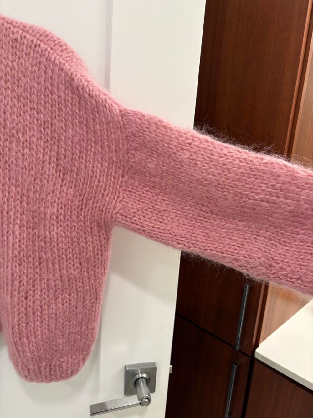 Pink Wool Hand Knit Oversized Balloon Sleeve Cardigan Sweater - Picture 4 of 12